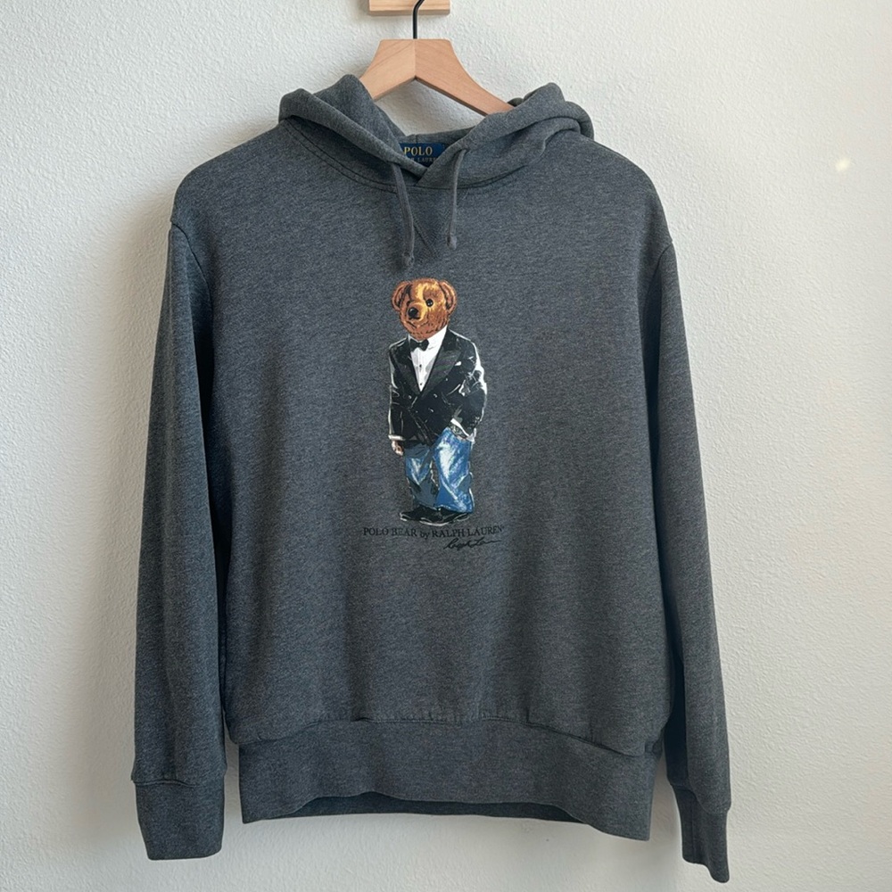Polo Ralph Lauren Tuxedo Bear Gray Pullover Hoodie Polo Bear Fleece Size Medium